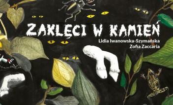 Ilustracja przedstawiająca liście, kwiaty, żabę i żuka, spośród których wystają zwierzęce kopytka i widać kilka par oczu. 