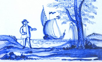 Rysunek przedstawiający mężczyznę na brzegu jeziora. Po jeziorze płynie łódka. Na brzegu jeziora stoi drzewo.