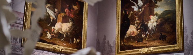 Na ścianie wiszą dwa obrazy przedstawiające ptactwo, poniżej, pod obrazem po prawej, wisi obraz przedstawiający siedzącą kobietę w sukni z epoki. 