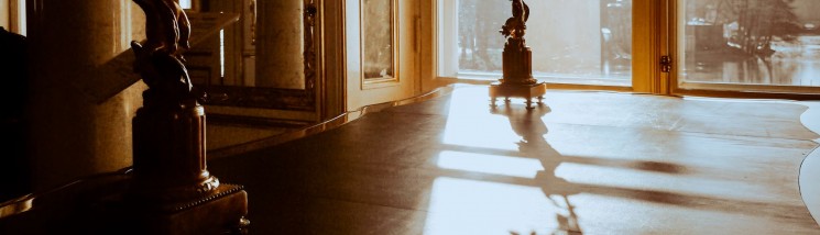 Sala w Pałacu na Wyspie. Na wprost widoczne jest duże okno, za oknem znajduje się kolumna. Po ścianą w sali znajduje się rzeźba.